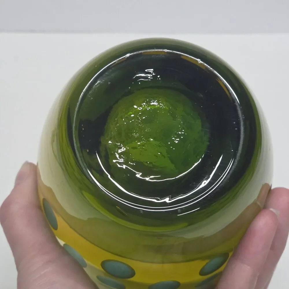 Vintage MCM Abstract Art Glass Vase Green & Amber Frosted Thumbprint - Picture 8 of 11